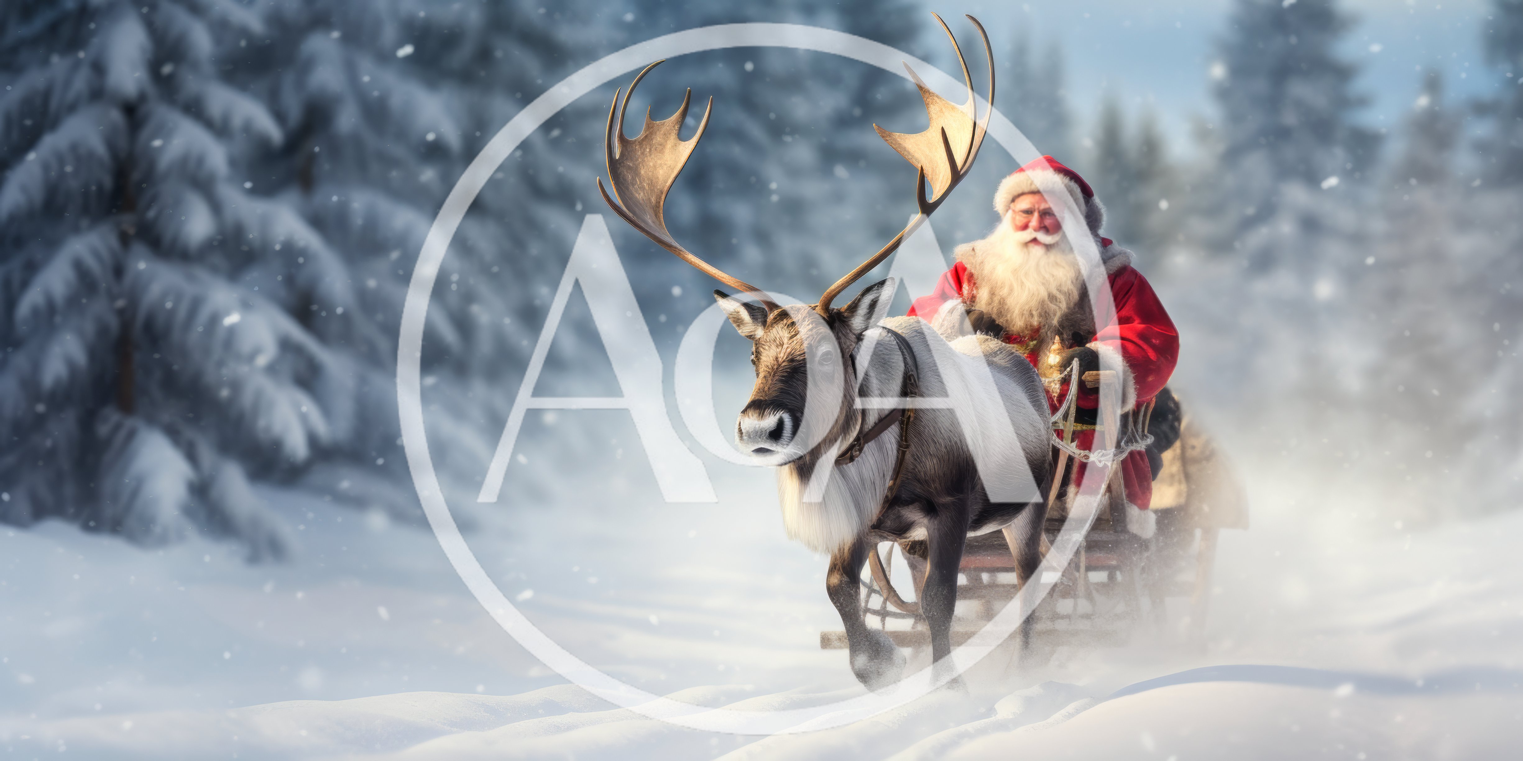 Santa Claus Riding A Reindeer Sleigh In Snowy Forest