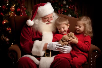 Santa Claus Sitting With Two Children Holding Stuffed Animals