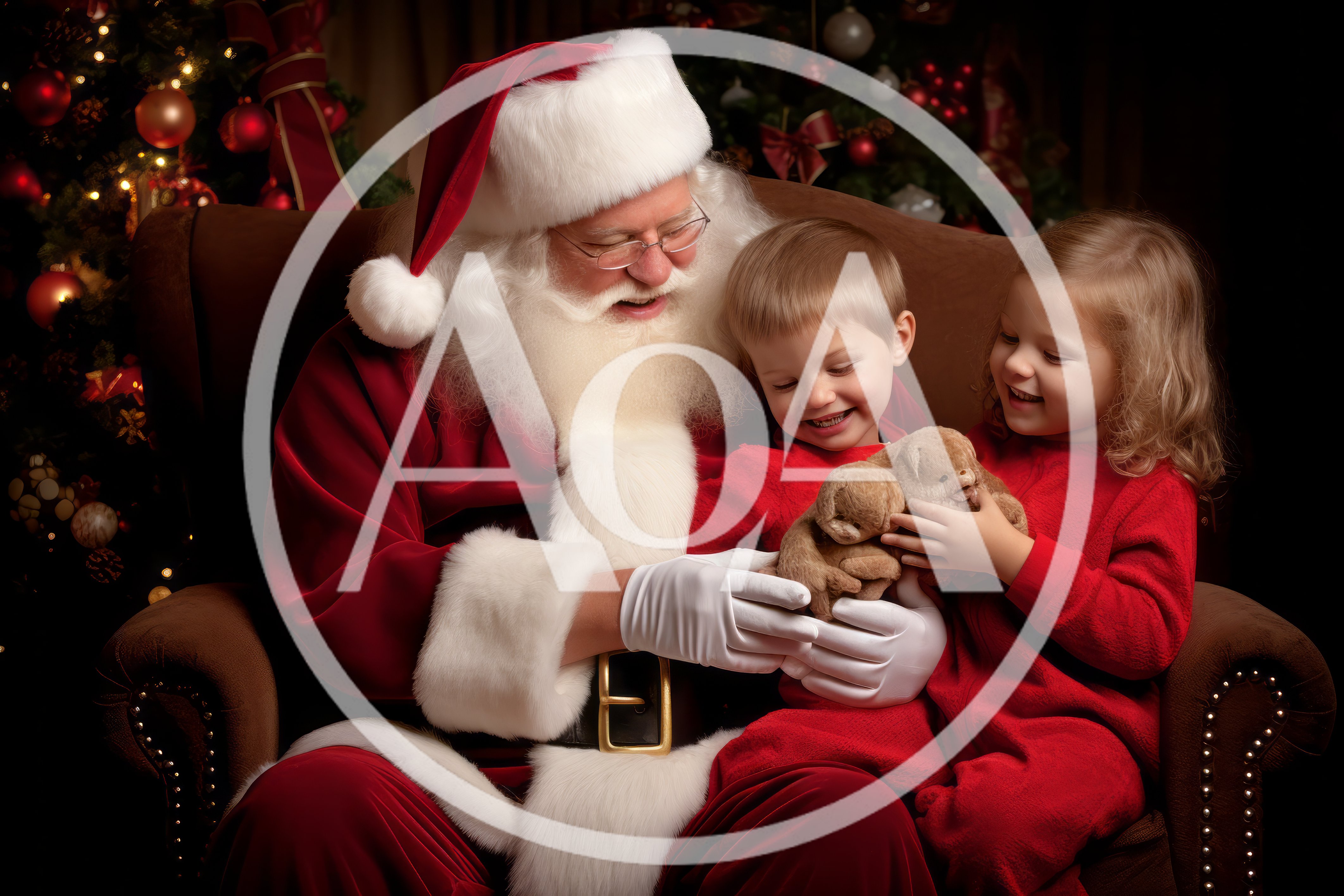 Santa Claus Sitting With Two Children Holding Stuffed Animals