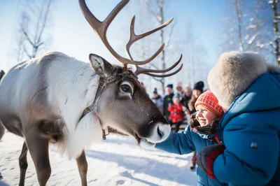 Child Feeding A Reindeer In Snowy Winter Landscape
