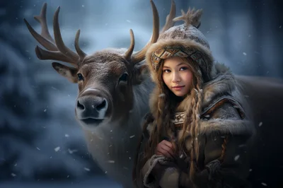 Young Woman With Reindeer In Snowy Winter Forest