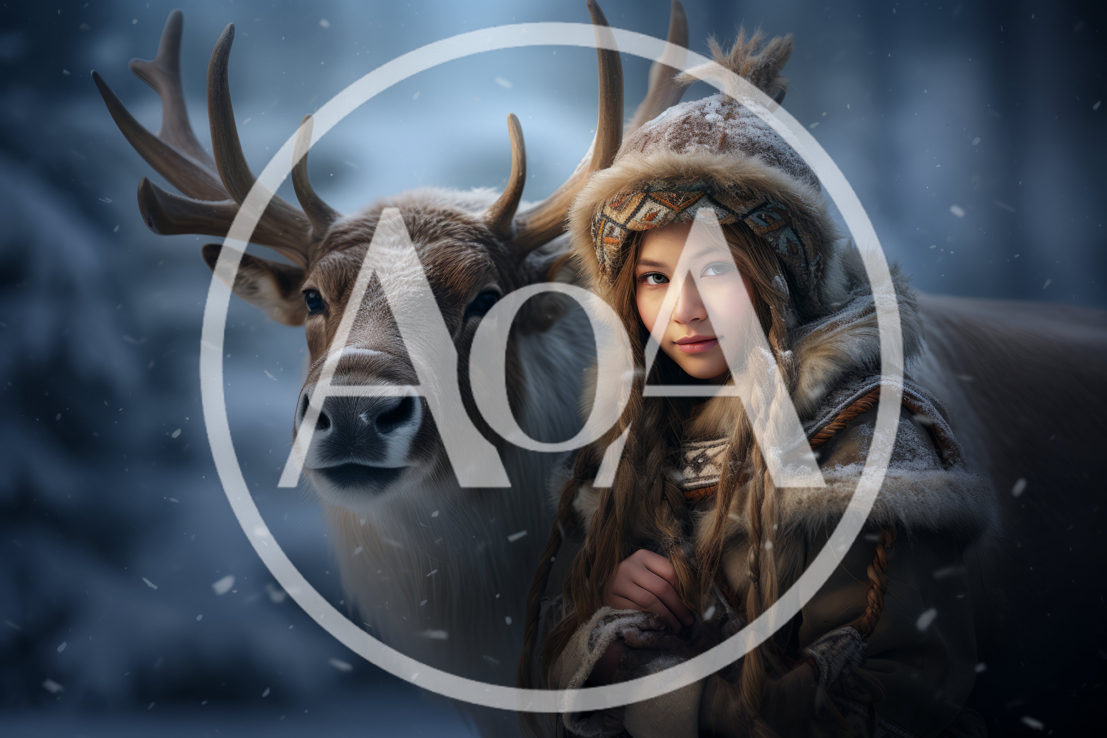 Young Woman With Reindeer In Snowy Winter Forest