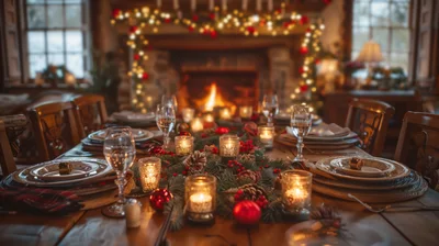 Festive Christmas Dining Table Setting With Fireplace