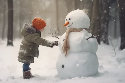Young Child Playing With A Snowman In Snowy Forest