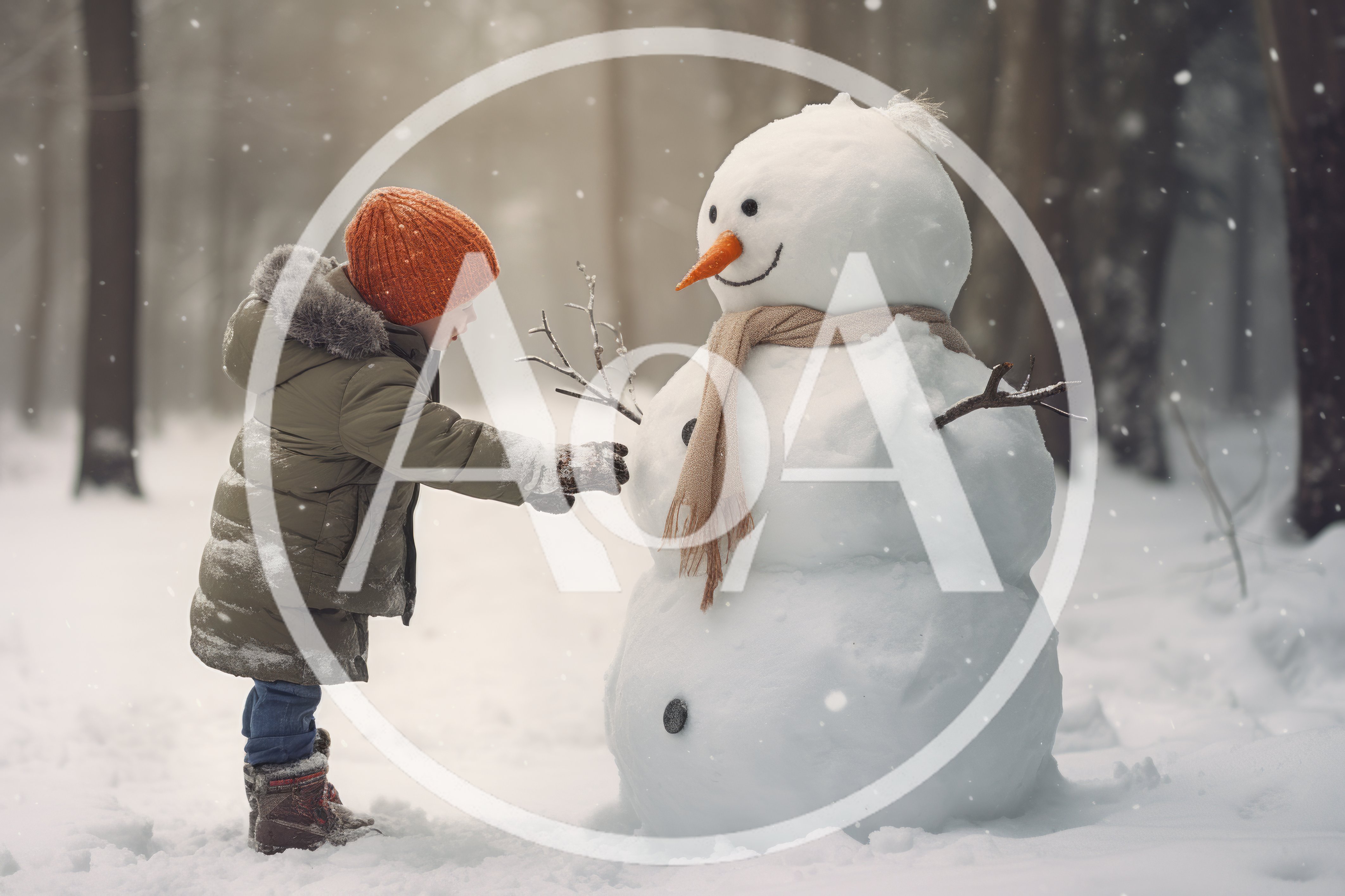 Young Child Playing With A Snowman In Snowy Forest