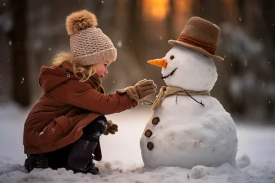 Little Girl Playing With A Snowman In Winter