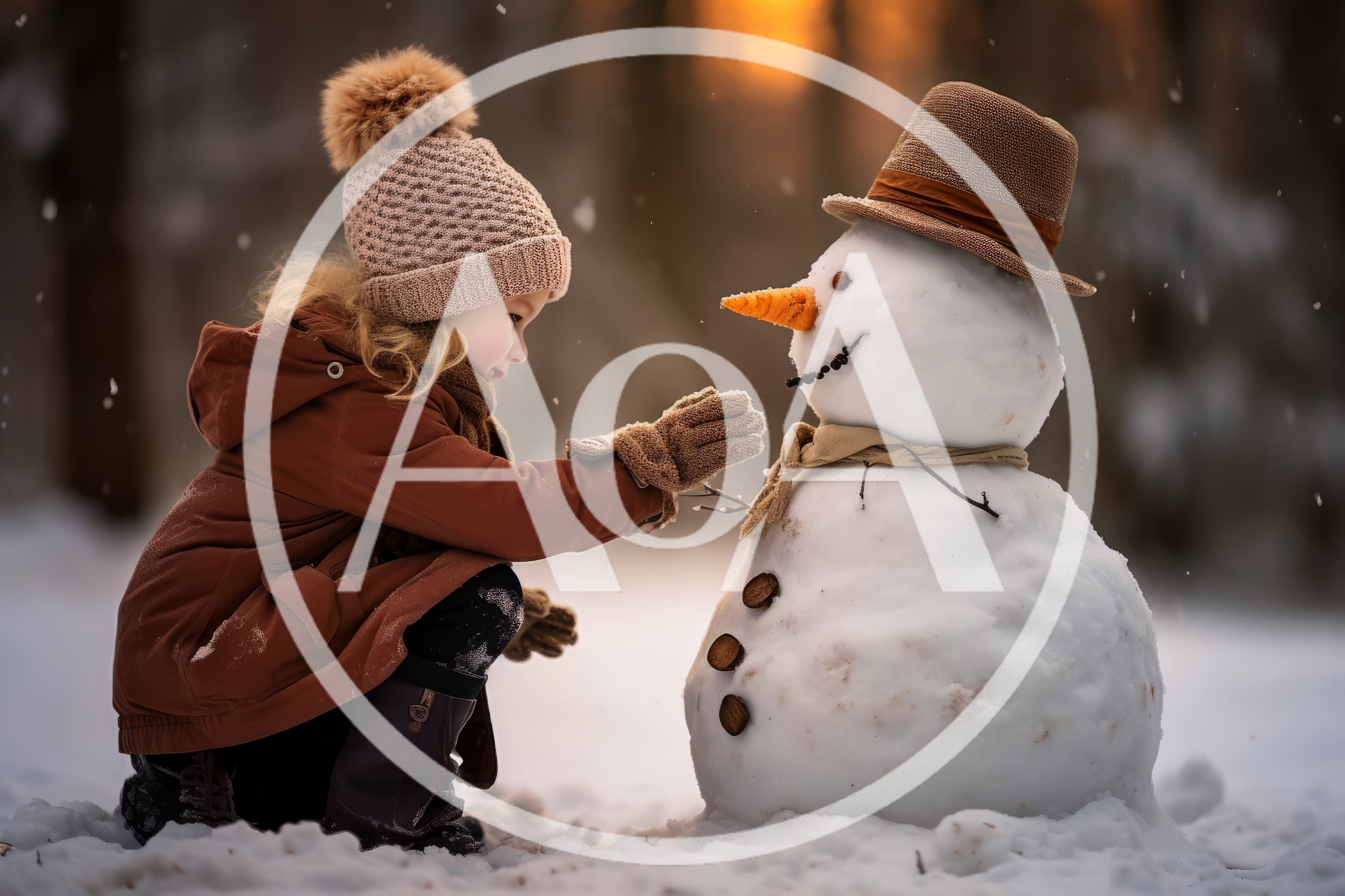 Little Girl Playing With A Snowman In Winter