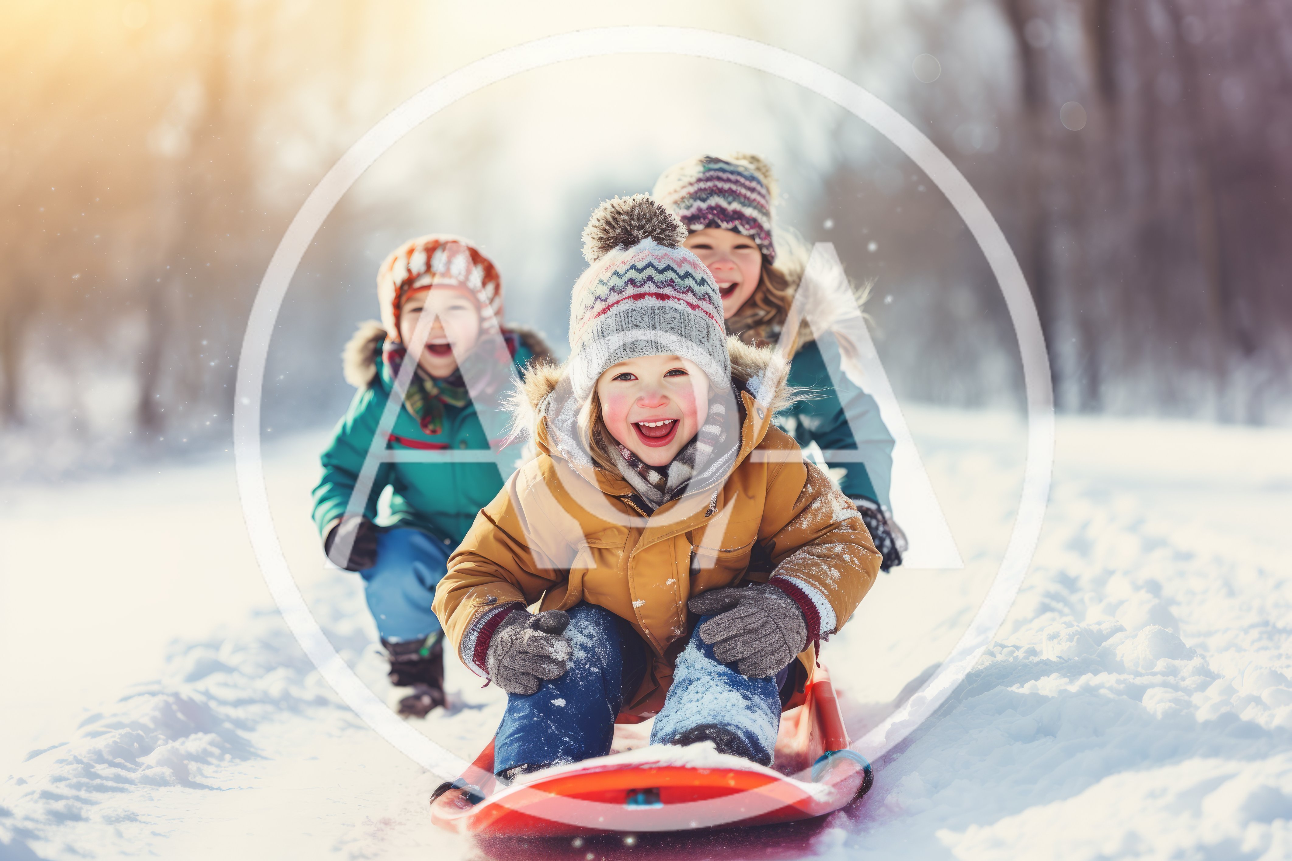 Three Happy Children Sledding Down A Snowy Hill