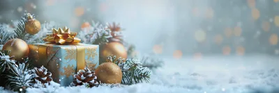 Christmas Gift Box With Golden Ornaments In Snow