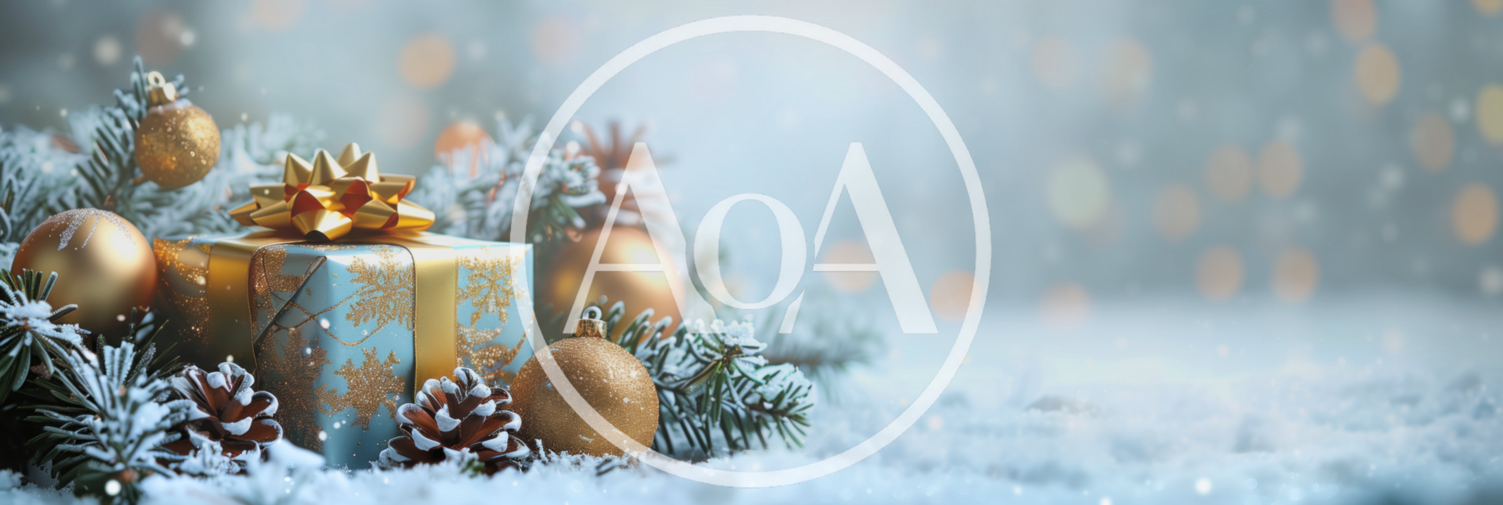 Christmas Gift Box With Golden Ornaments In Snow