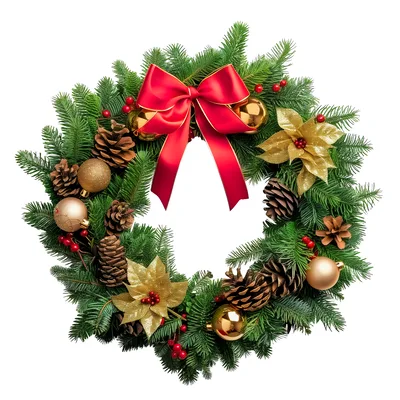 Festive Christmas Wreath With Red Bow And Ornaments