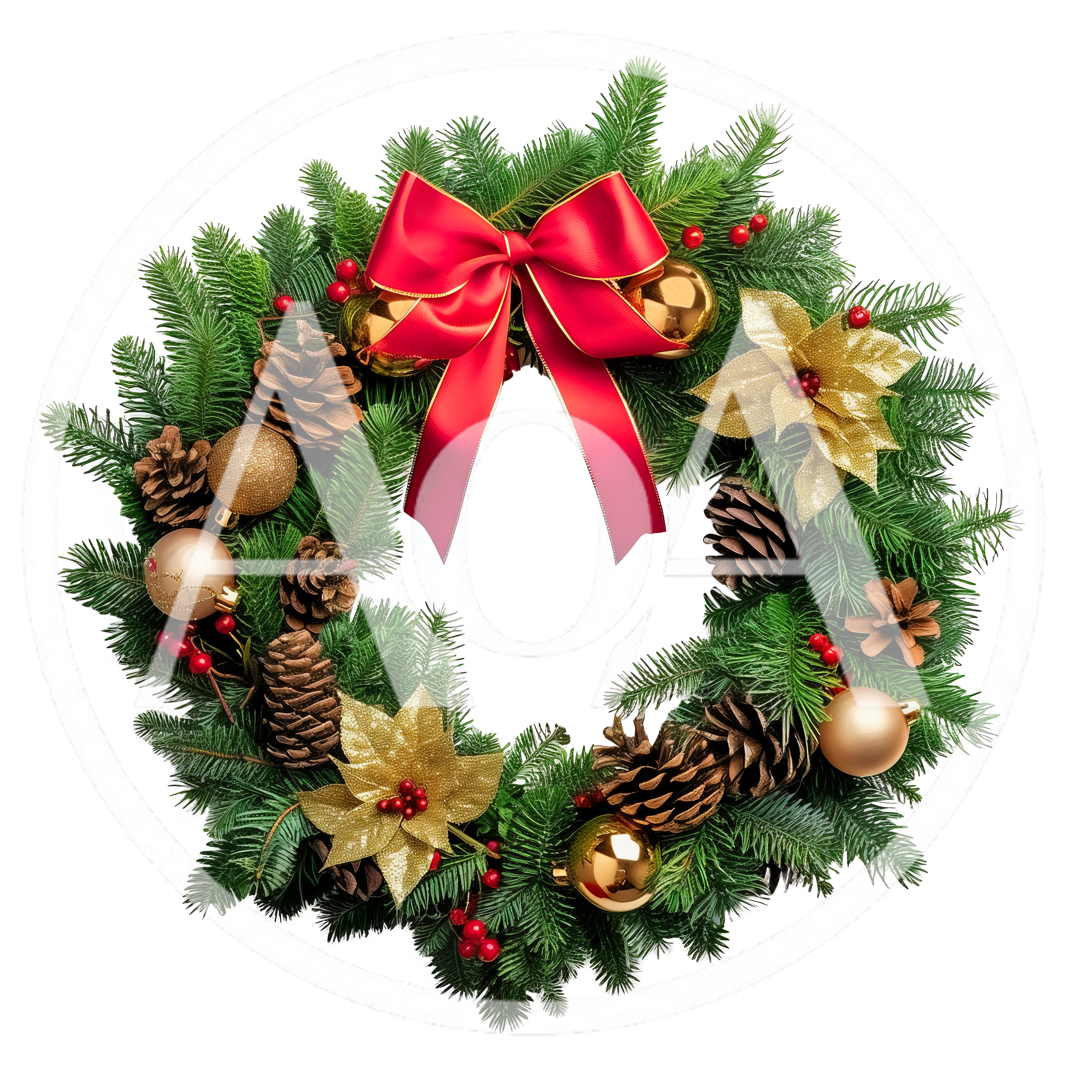 Festive Christmas Wreath With Red Bow And Ornaments