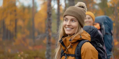 Smiling Woman Hiking Through Autumn Forest