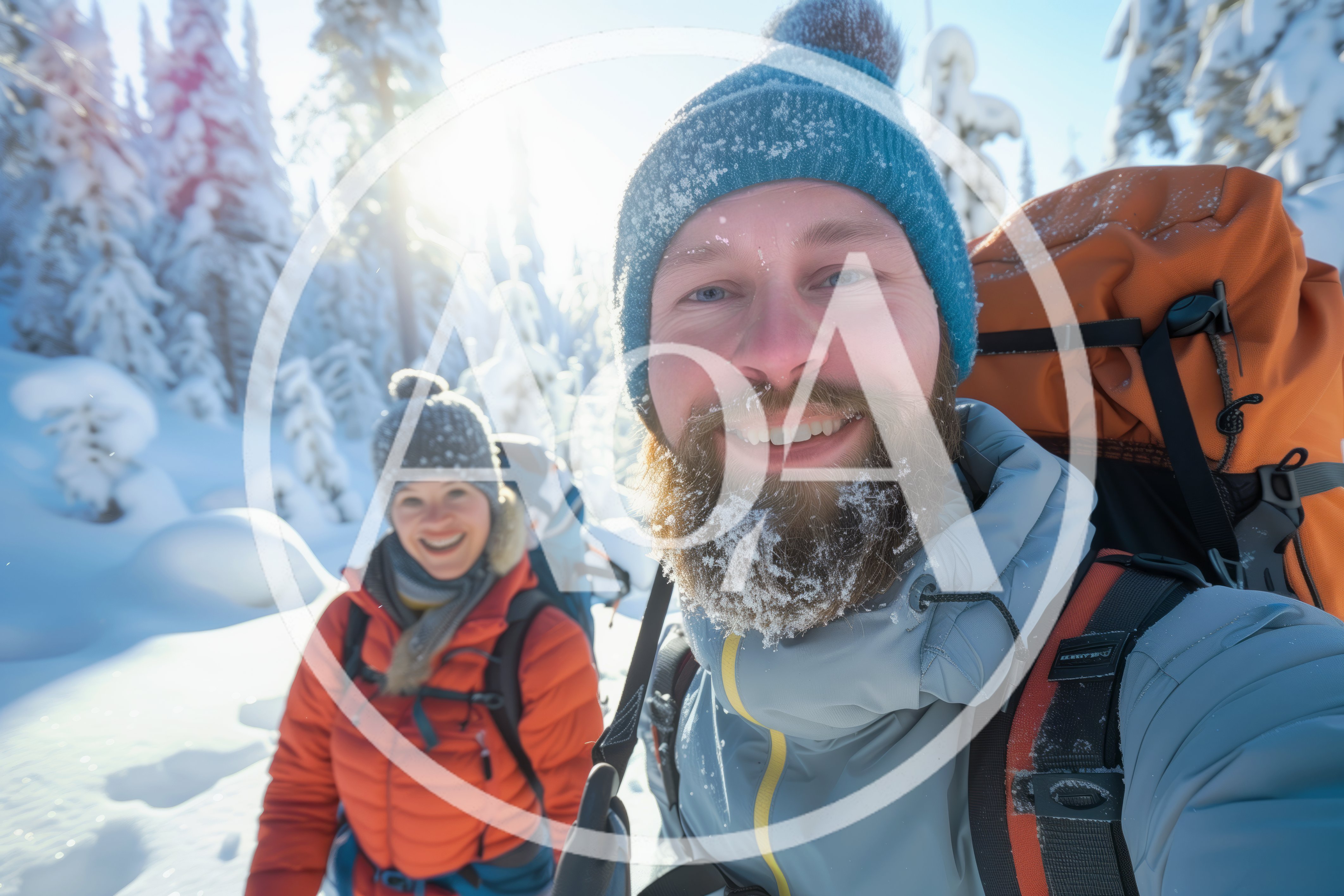 Couple Hiking Through Snowy Winter Forest