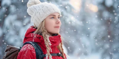Young Woman Hiking In Snowy Winter Forest