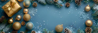 Christmas Holiday Background With Golden Ornaments And Pine
