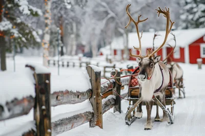 Reindeer Pulling A Traditional Sleigh In Snowy Landscape
