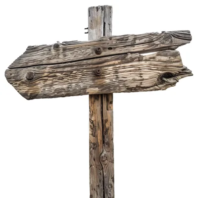 Rustic wooden signpost placed on a transparent background for creative use