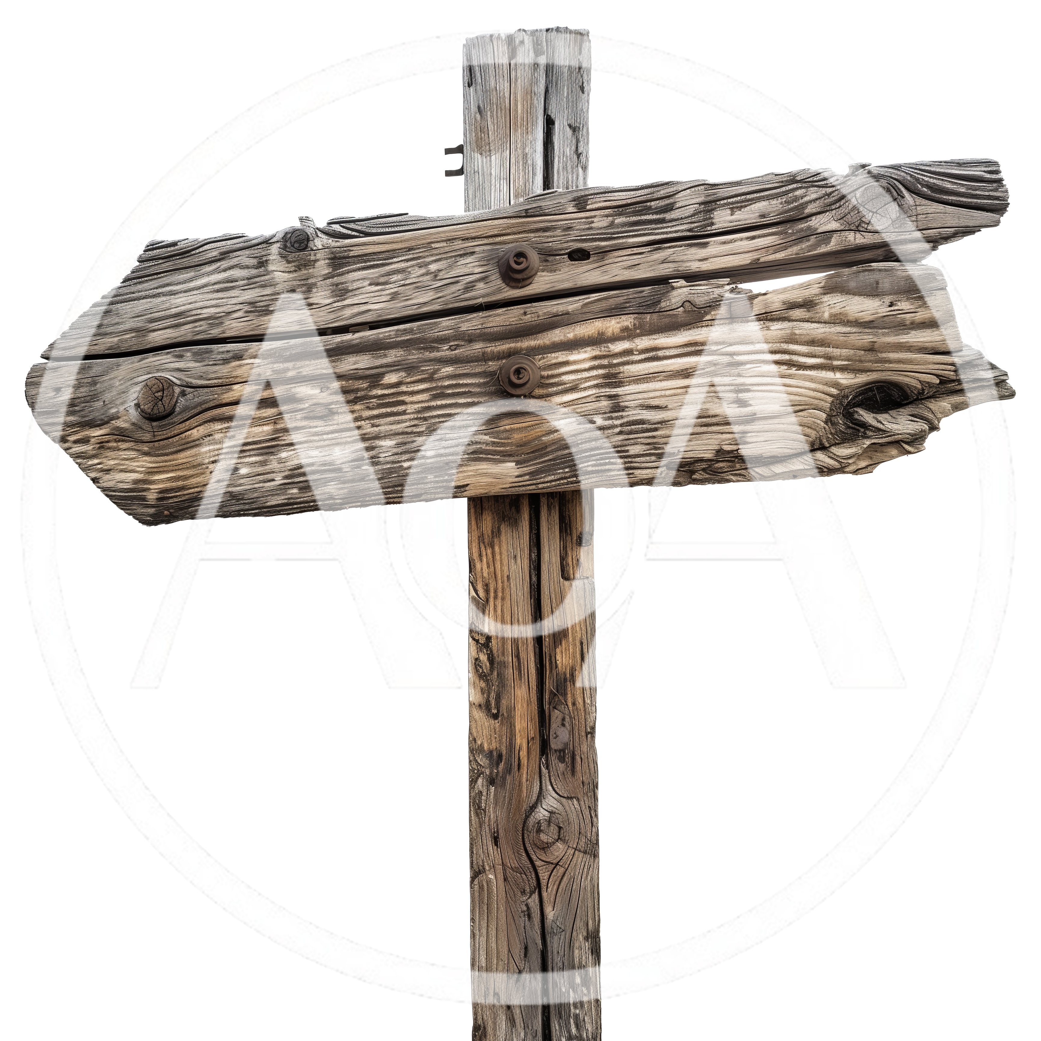 Rustic wooden signpost placed on a transparent background for creative use