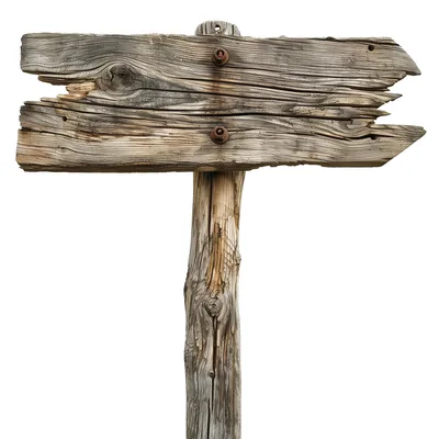 Rustic wooden signpost placed on a transparent background for creative use