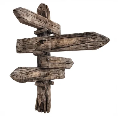 Rustic wooden signpost with multiple arms isolated on transparent background for creative use
