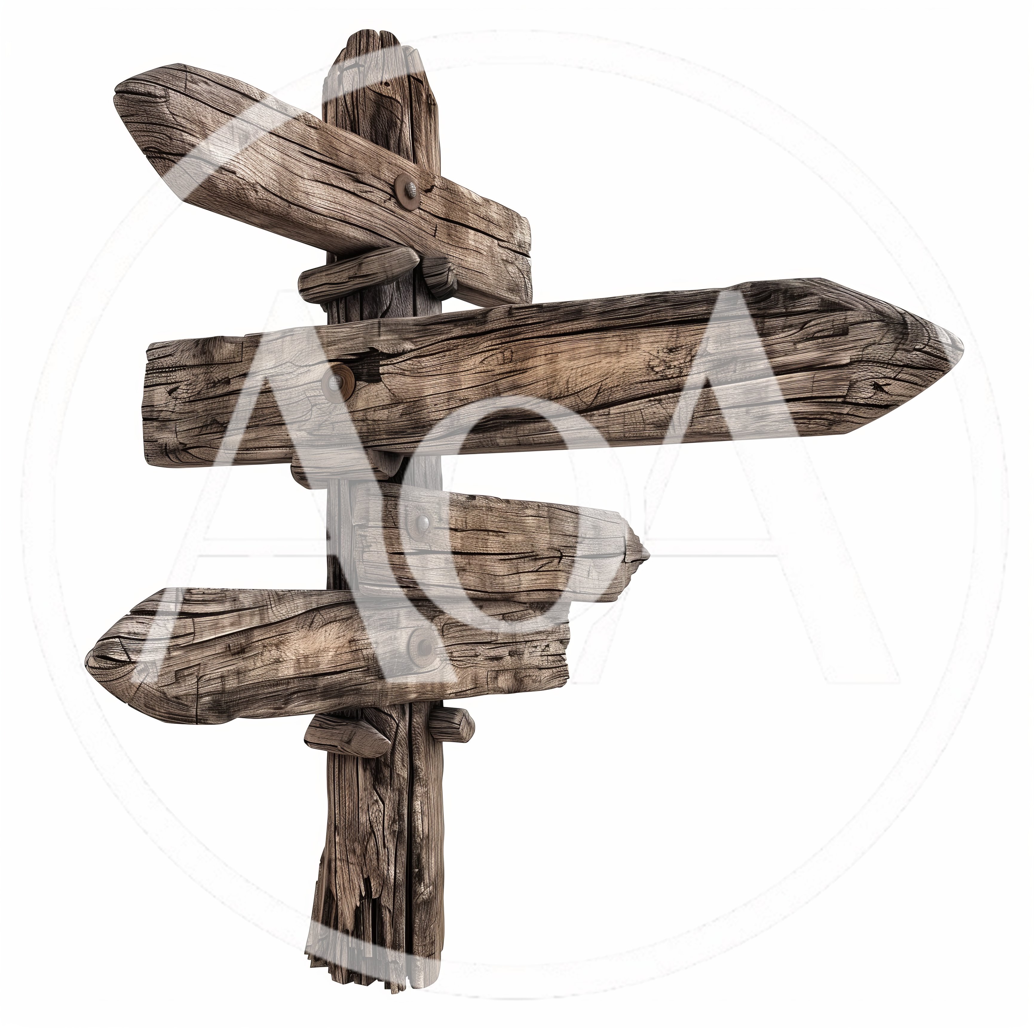 Rustic wooden signpost with multiple arms isolated on transparent background for creative use