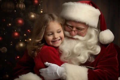 Little Girl Hugging Santa Claus Near Christmas Tree
