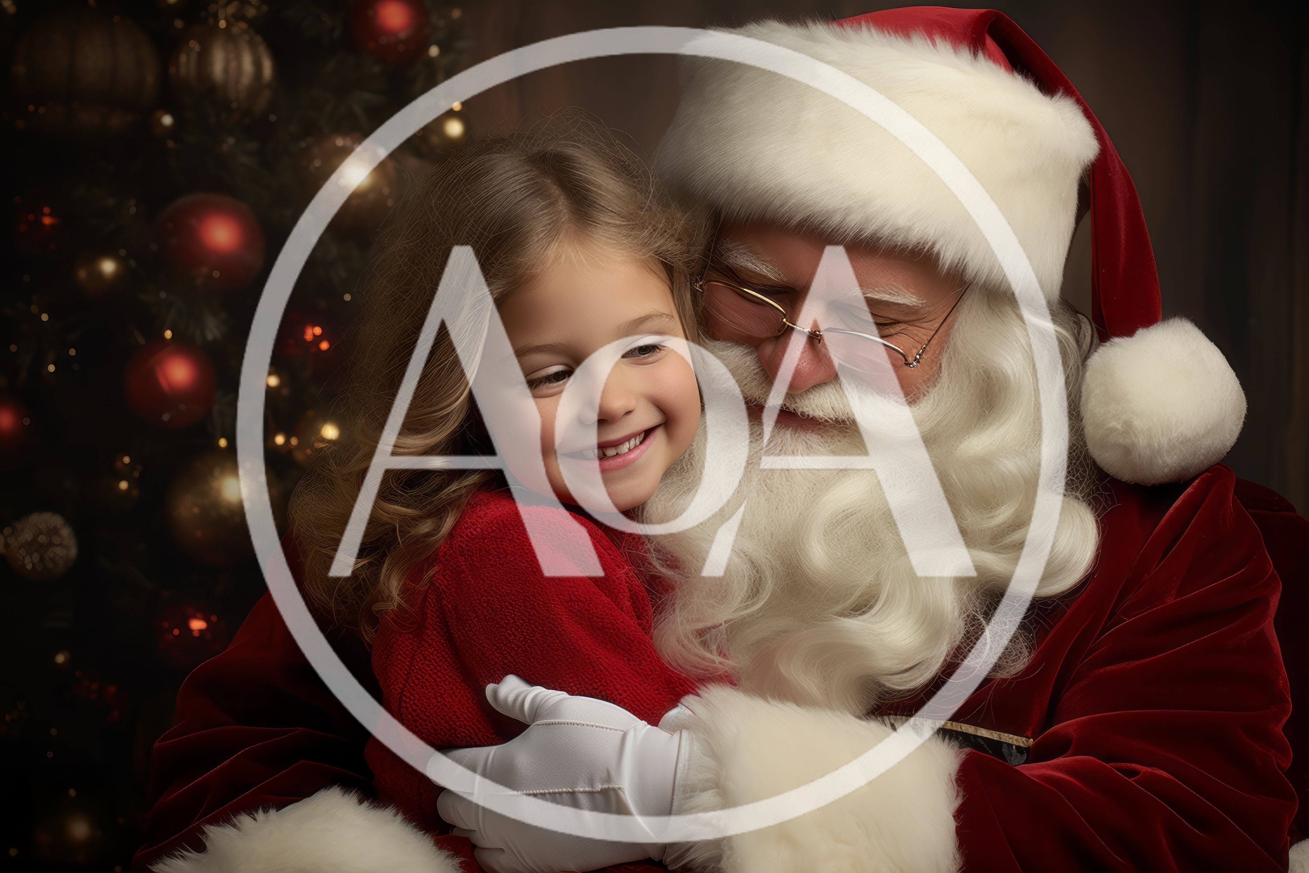 Little Girl Hugging Santa Claus Near Christmas Tree
