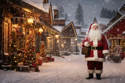 Santa Claus Standing In A Snowy Christmas Village