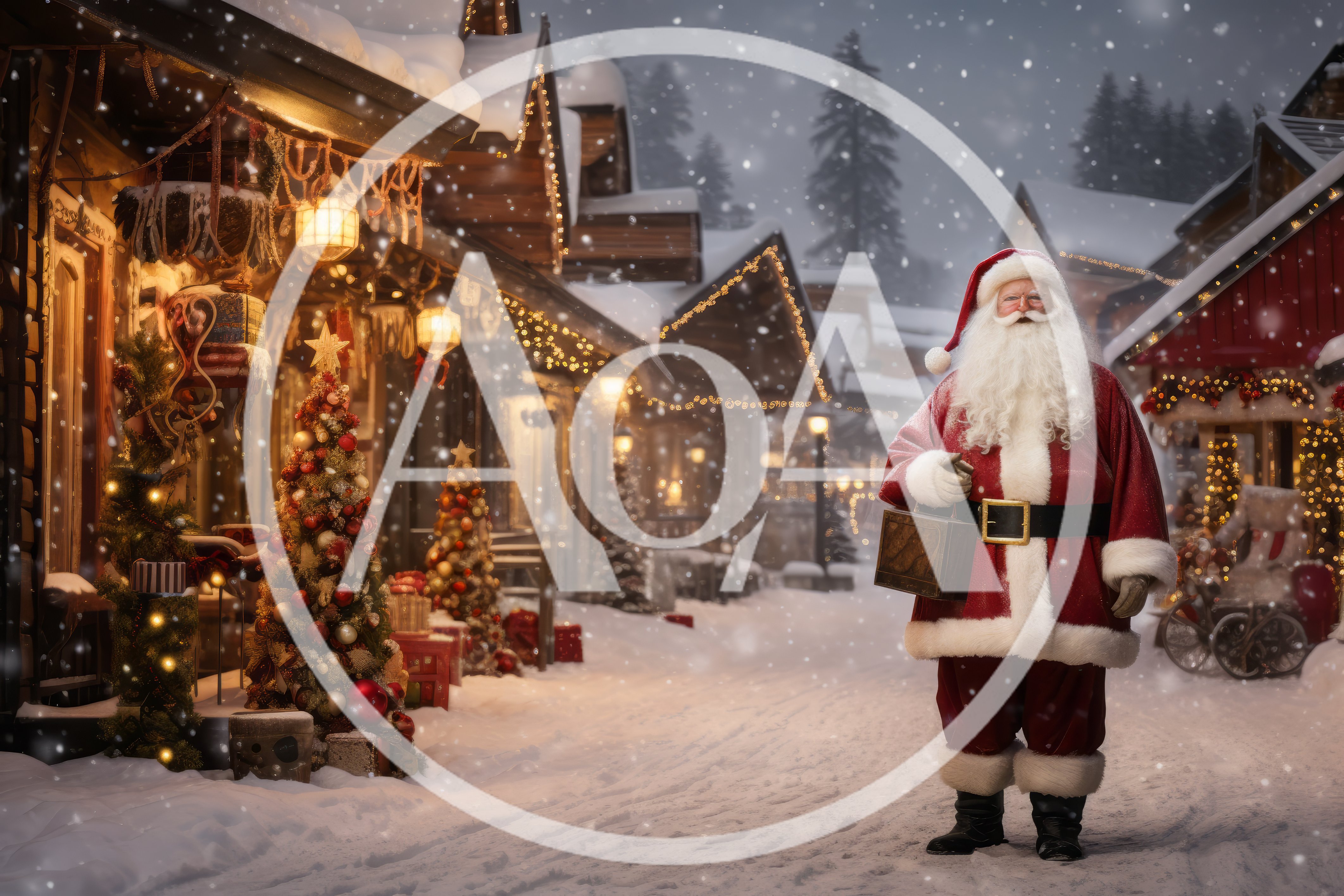 Santa Claus Standing In A Snowy Christmas Village