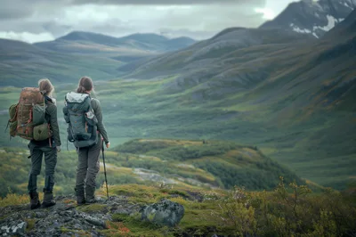 Two Hikers Standing On A Mountain Ridge