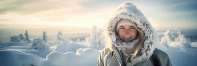 Smiling Woman Wearing Winter Parka In Snowy Landscape