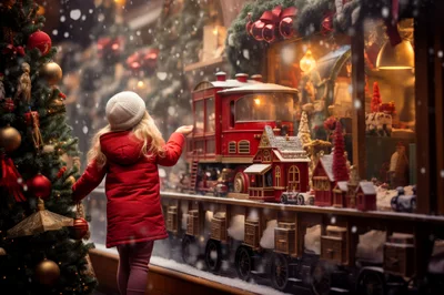 Little Girl Looking At Christmas Train Display