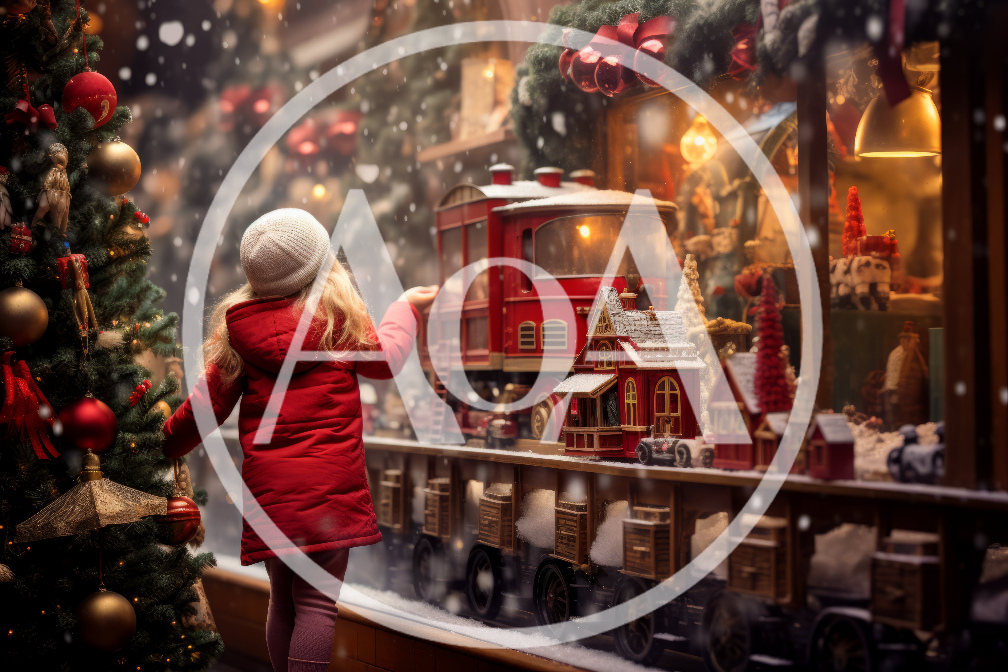 Little Girl Looking At Christmas Train Display