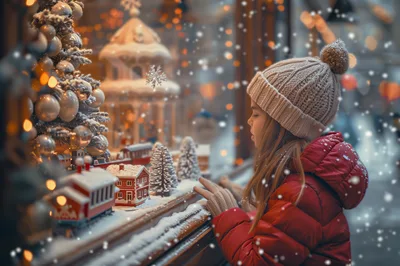 Young Girl Looking At Christmas Window Display