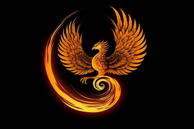 Stylized Golden Phoenix Bird With Flaming Wings