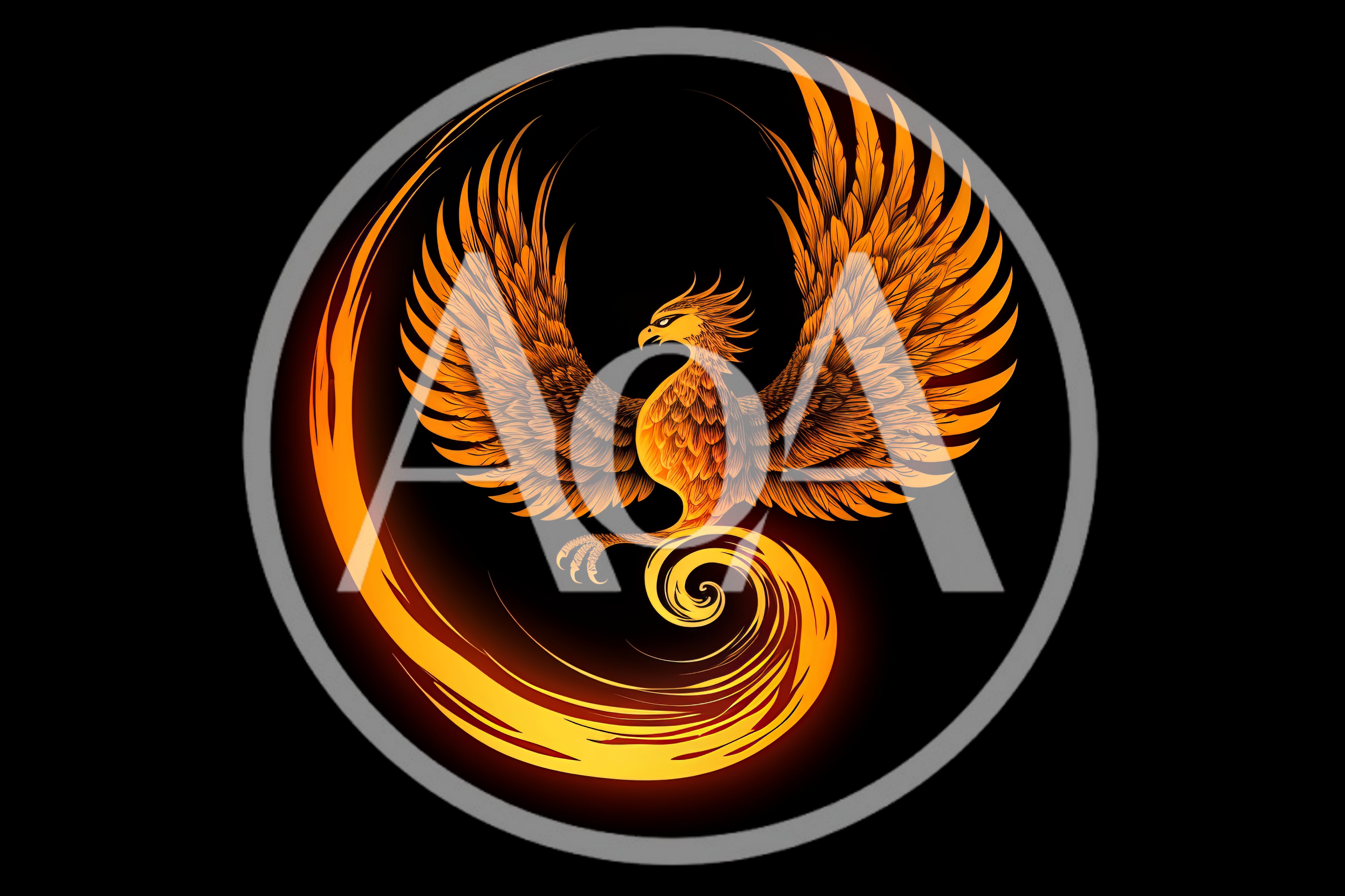 Stylized Golden Phoenix Bird With Flaming Wings