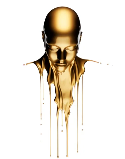 Golden Human Head Sculpture With Liquid Metal Drip