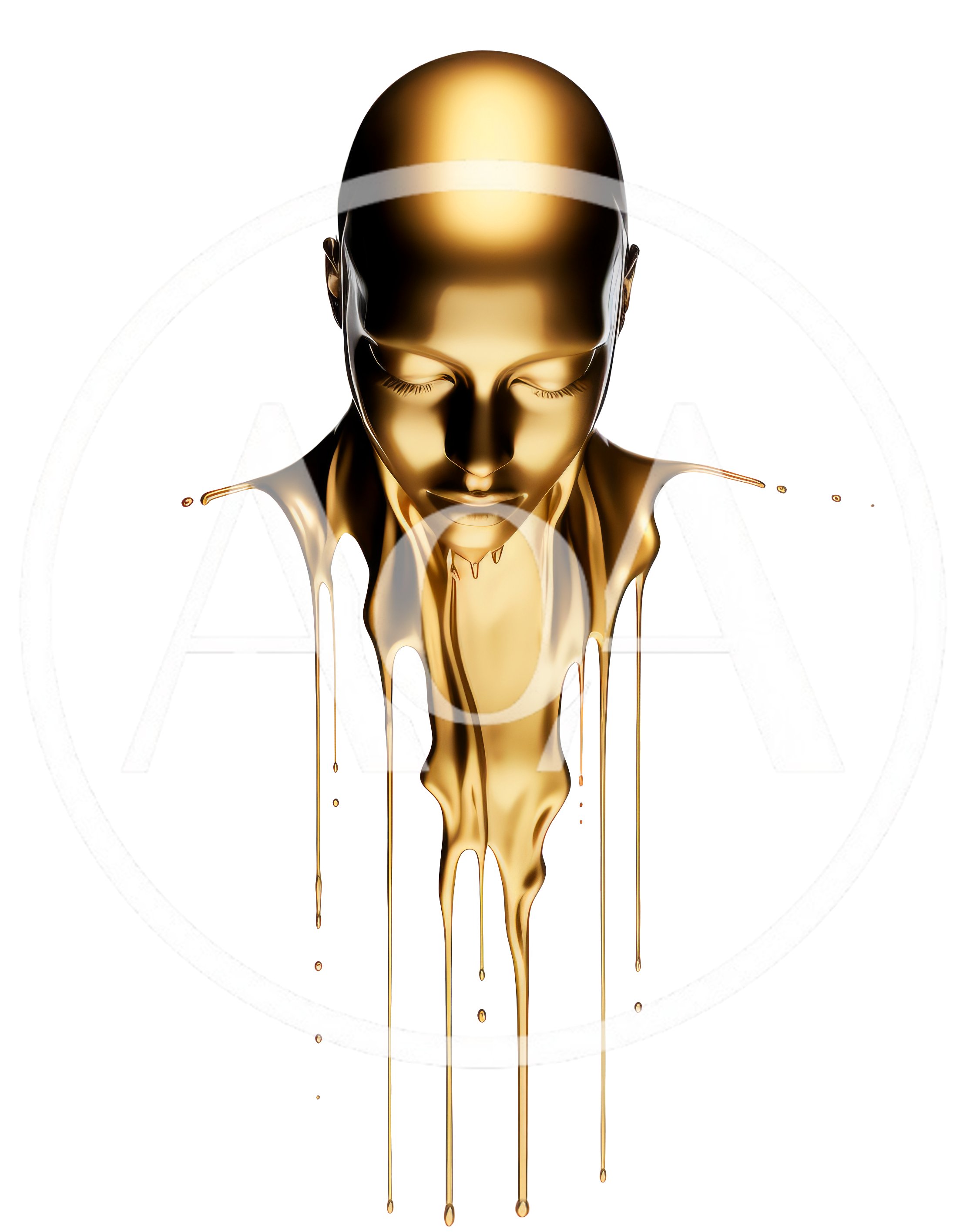Golden Human Head Sculpture With Liquid Metal Drip