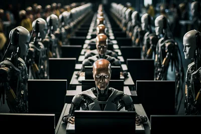 Rows of Futuristic Androids Working at Computer Terminals