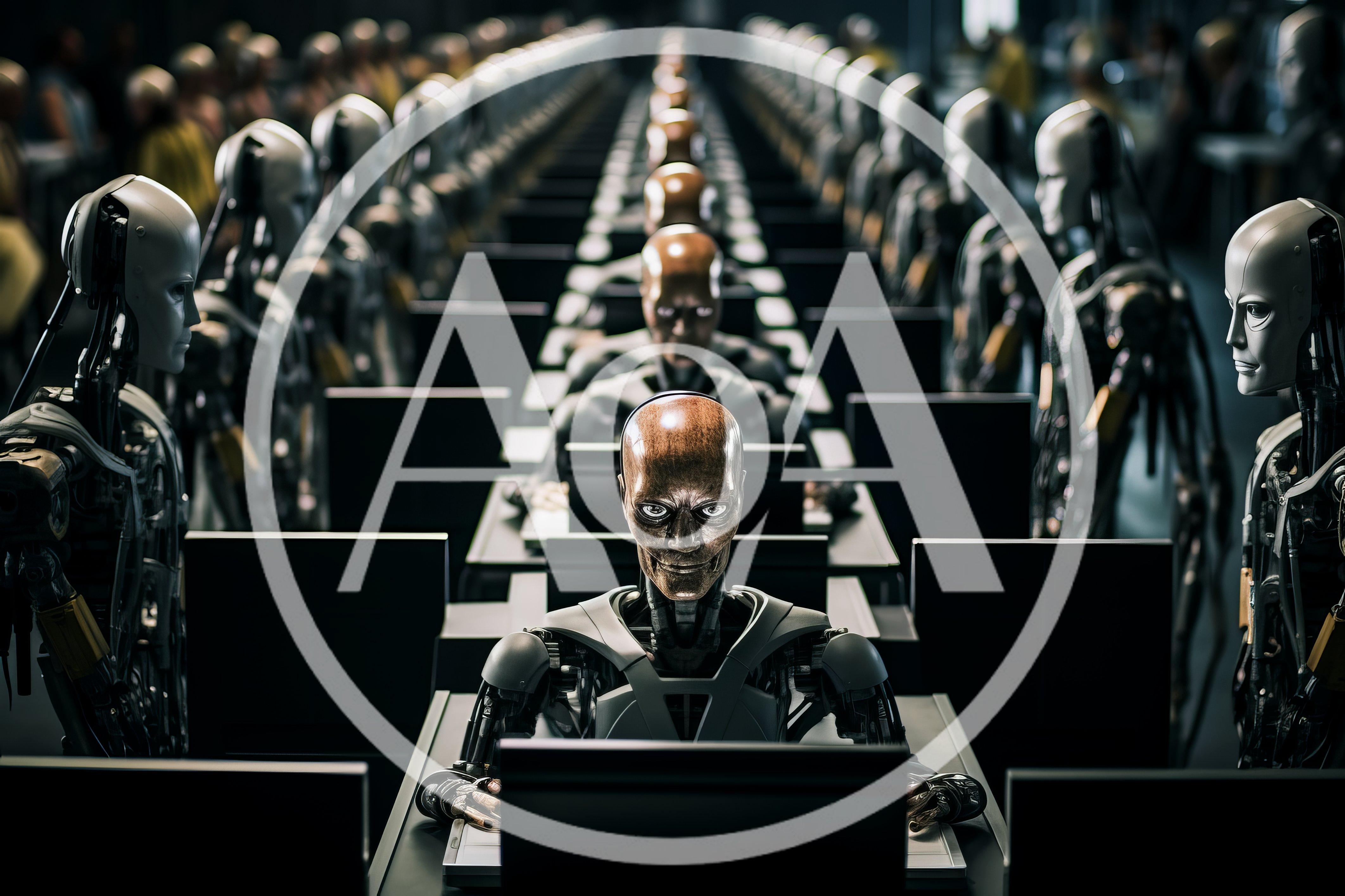 Rows of Futuristic Androids Working at Computer Terminals