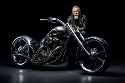 Custom Silver Chopper Motorcycle With Bearded Man