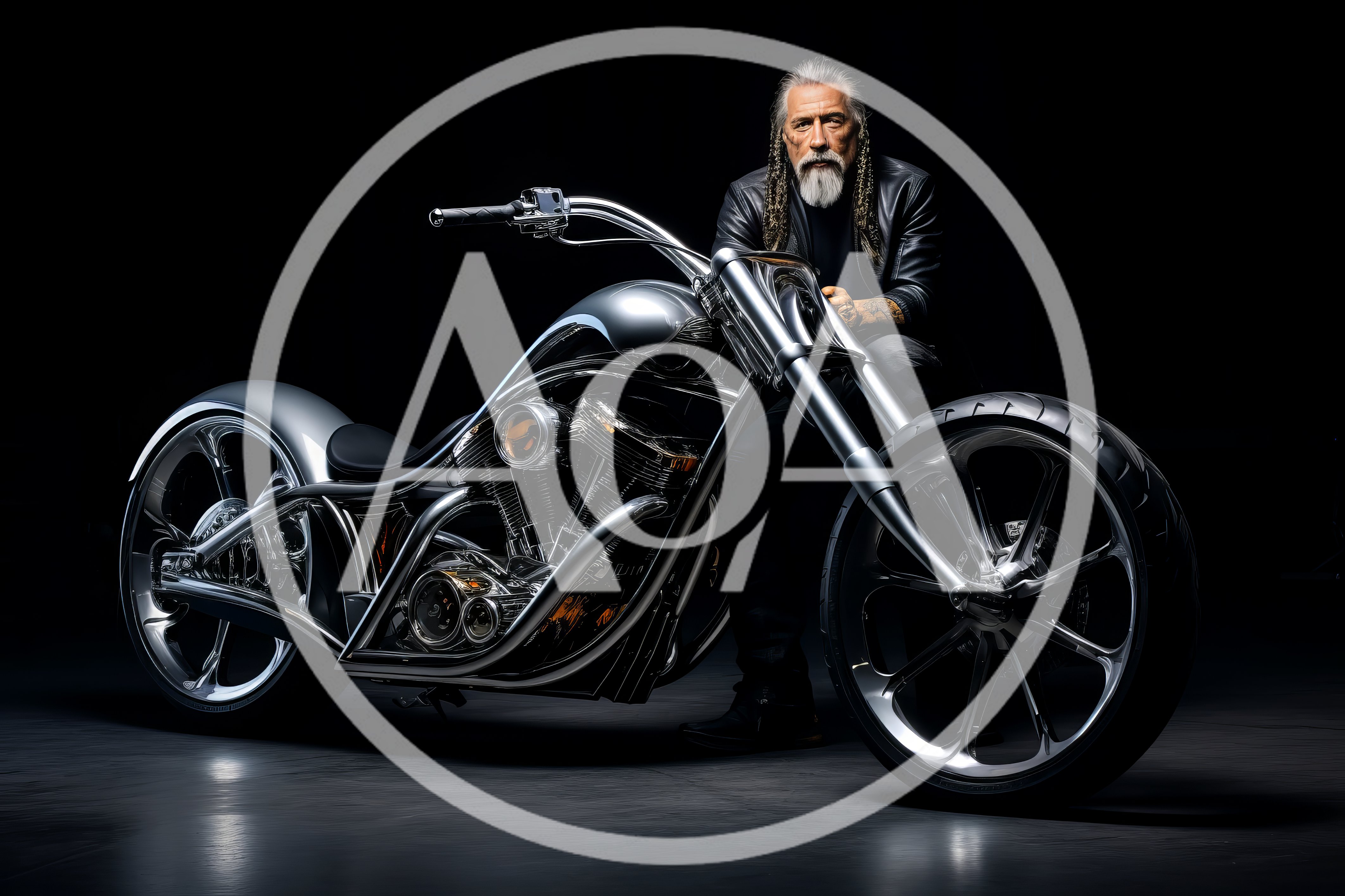 Custom Silver Chopper Motorcycle With Bearded Man