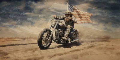 Biker Riding Chopper Motorcycle Through Desert Landscape