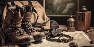Vintage Hiking Gear And Map On Wooden Table