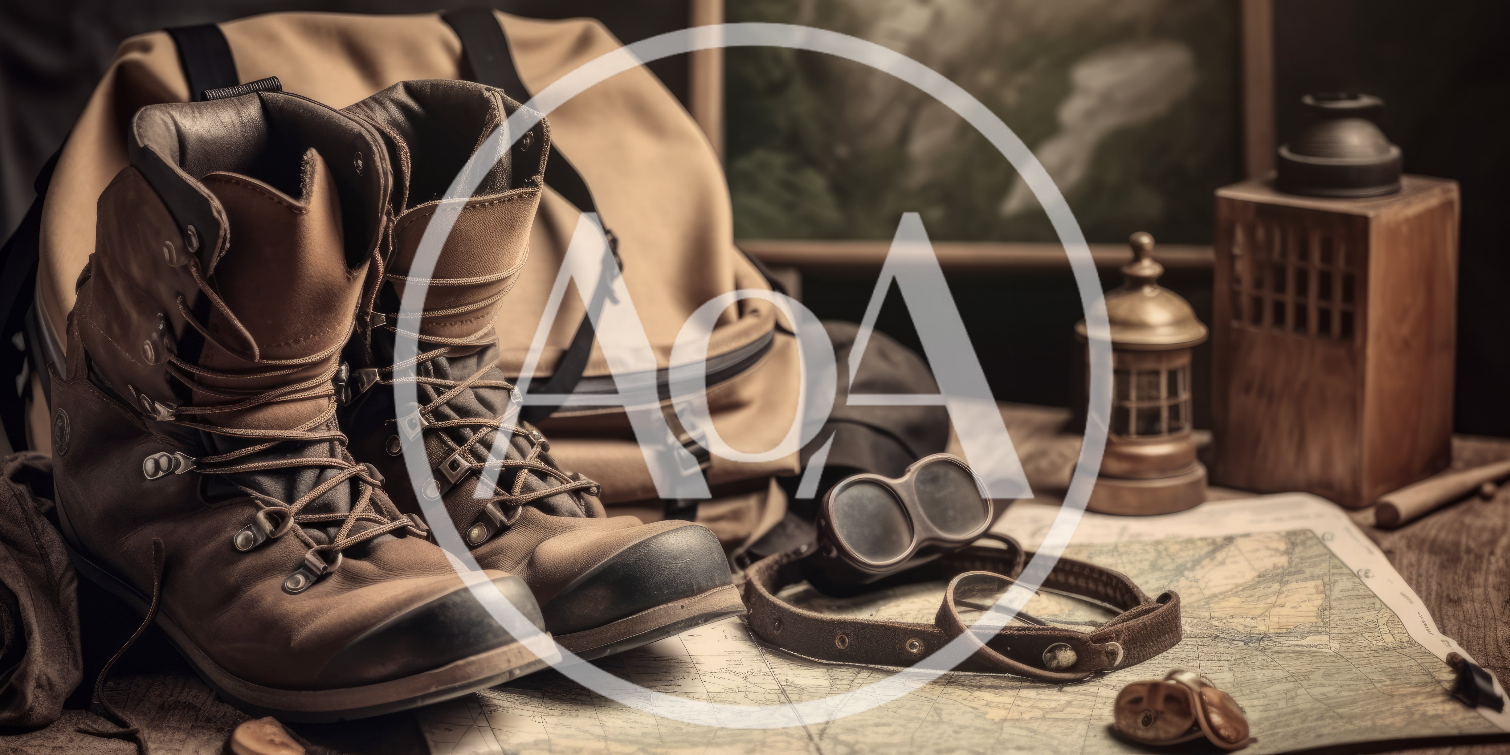 Vintage Hiking Gear And Map On Wooden Table