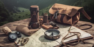 Vintage Explorer Gear Set On A Wooden Table