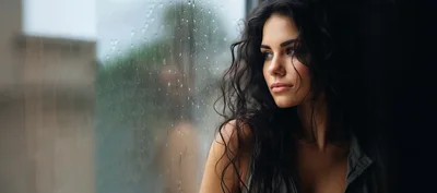 Pensive Woman Looking Through Rainy Window