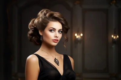 Elegant Woman In Black Dress With Vintage Jewelry