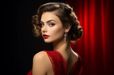 Elegant Woman With Vintage Hairstyle And Red Dress